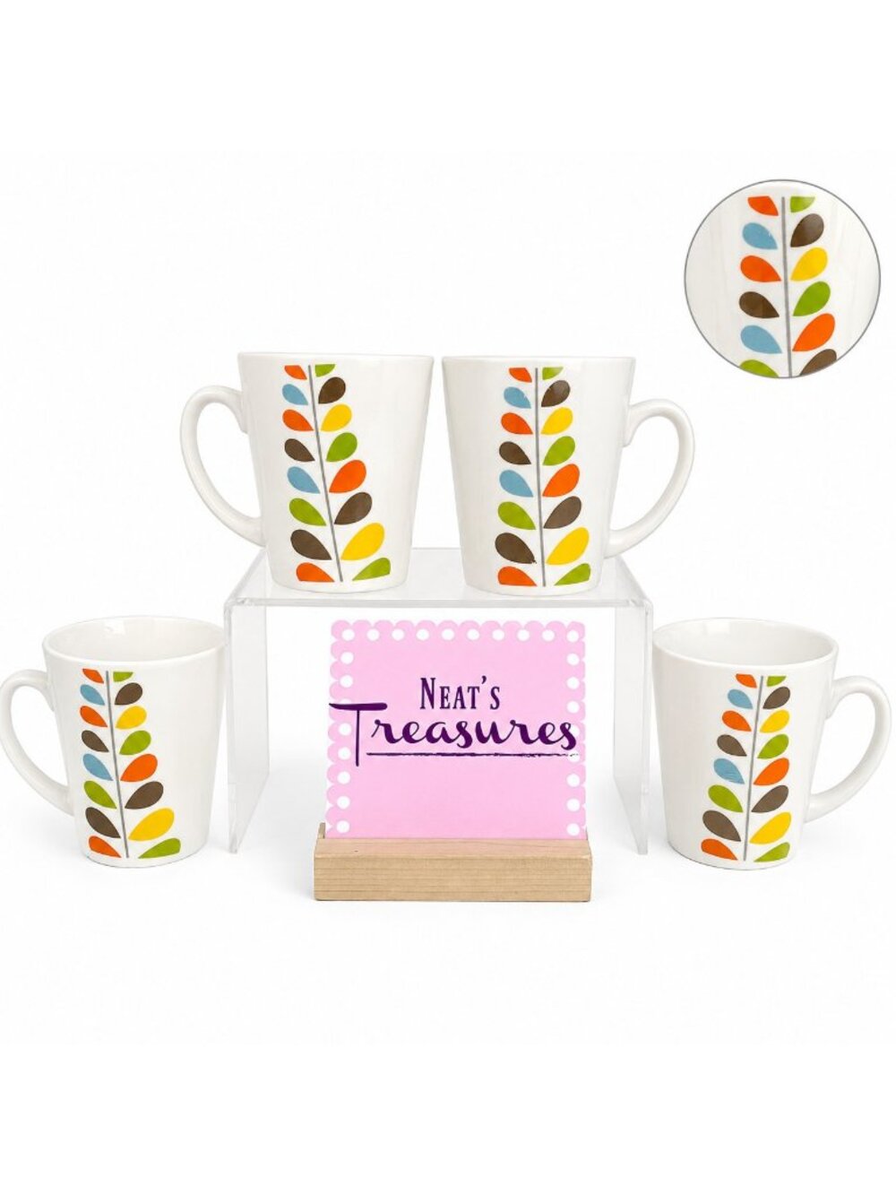 Gibson Design FLOURISHING Multicolor Leaf Stem Oven Safe Coffee Cup Mug Set 4